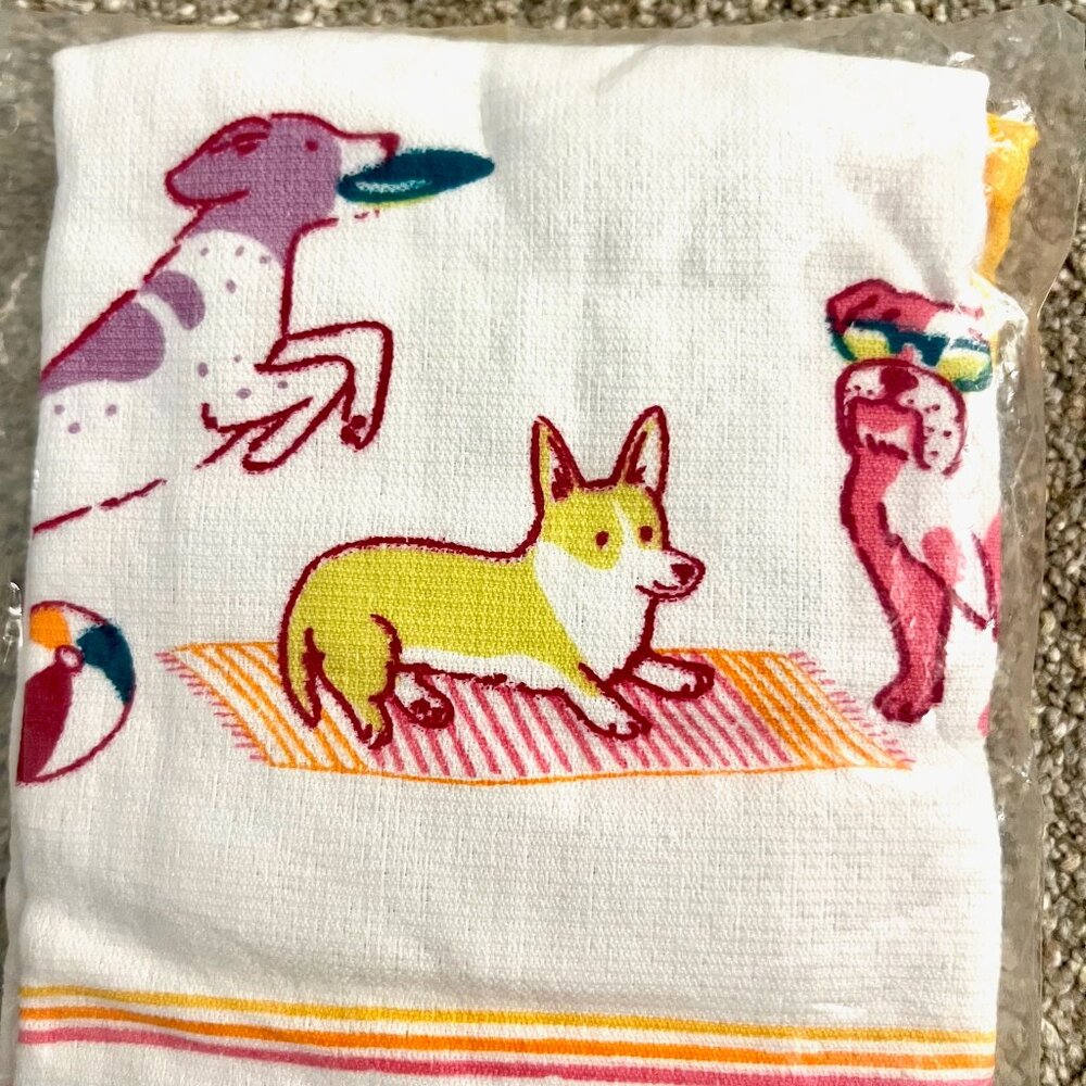 NWT Dog Dish Towels with corgis and dogs at the beach - set of two
